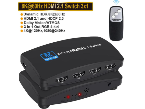 Bluetooth HDMI 2.1 Switcher with 3 In 1 Inputs 8K and 120Hz Support - Image 2