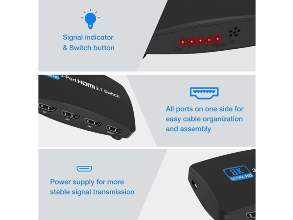 Bluetooth HDMI 2.1 Switcher with 3 In 1 Inputs 8K and 120Hz Support - Image 4