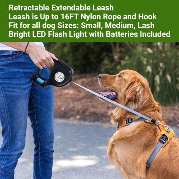 Retractable Dog Leash with Dog Poop Bag Dispenser and LED Flash Light.