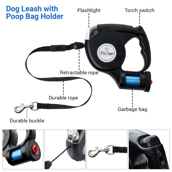 Retractable Dog Leash with Dog Poop Bag Dispenser and LED Flash Light. - Image 2