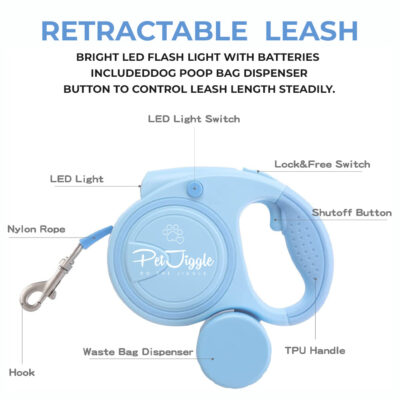 Retractable Dog Leash LED Flashlight and Poop Bag Dispenser 16FT