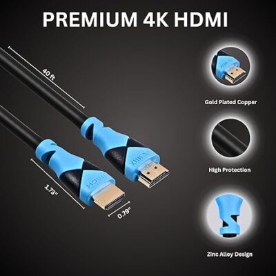 XIBUZZ 4K HDMI Cable 40ft Long – High Speed Ultra HD Cord for UHD TVs Gaming Consoles PS5 Xbox Monitors,