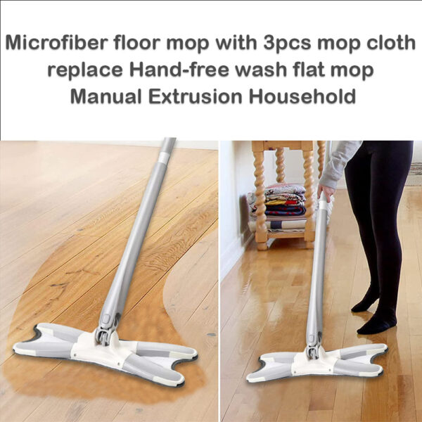 XIBUZZ X-type Microfiber floor mop with 3pcs mop cloth replace Hand-free wash flat mop Manual Extrusion Household Cleaning Tools-1 Pack - Image 7